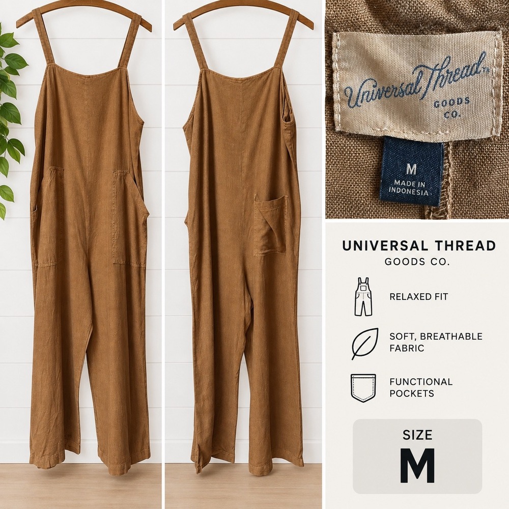 Universal Thread Brown Relaxed Fit Wide Leg Sleeveless Jumpsuit Pockets Medium